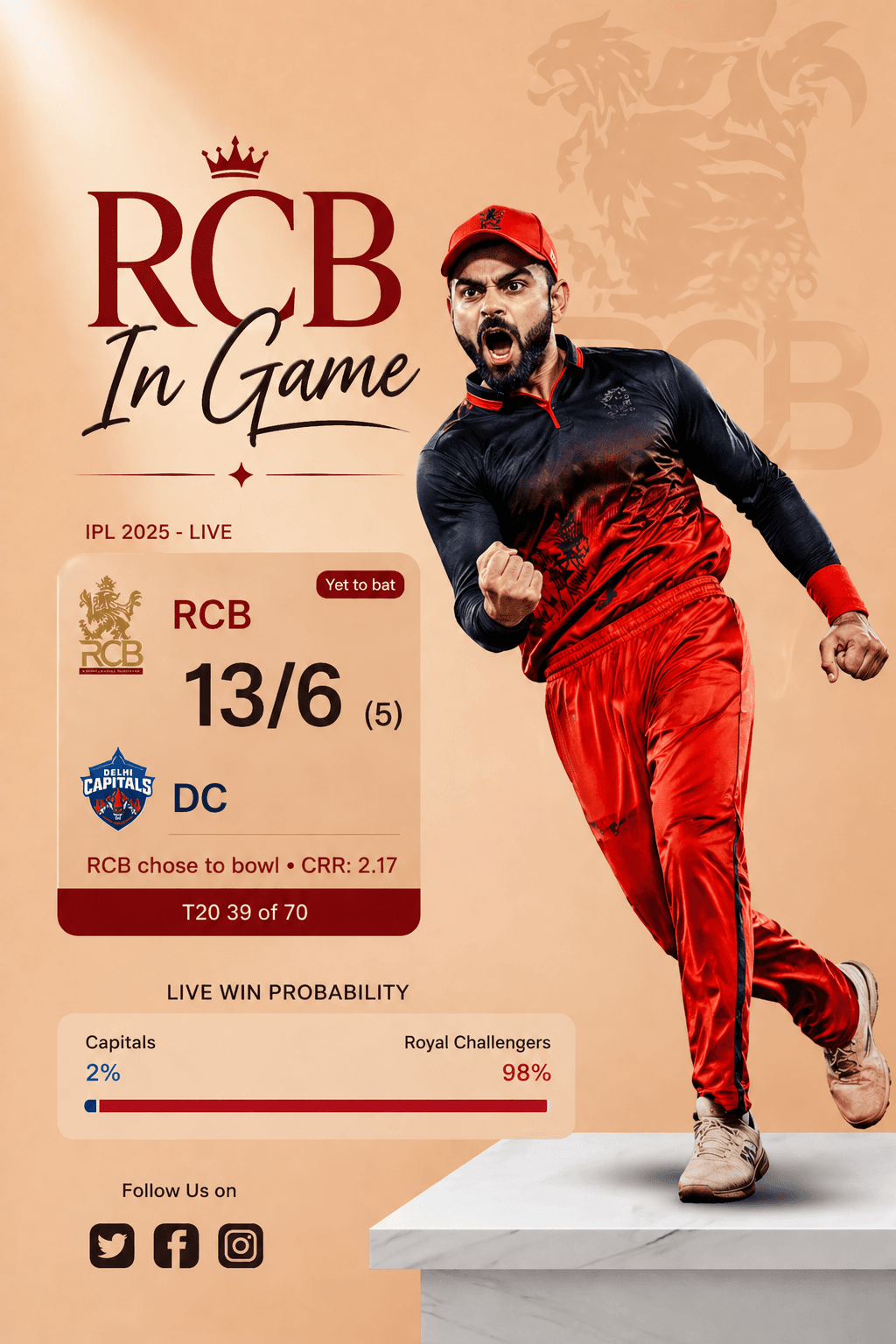 IPL Live Score Poster – RCB vs DC (Cinematic Design)