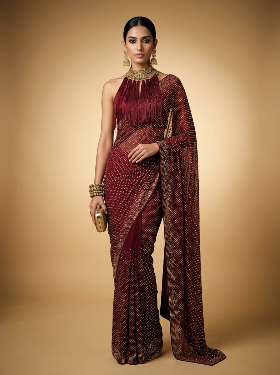 Million Dollar Indian Fashion Editorial – Luxury Maroon Rhinestone Saree Photoshoot